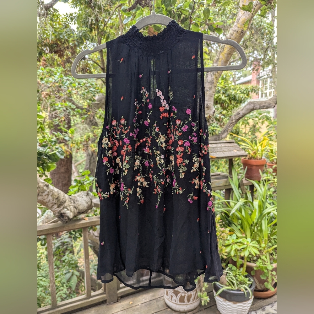 Floreat Embeoidered Black Floral Tank Top from Anthropologie